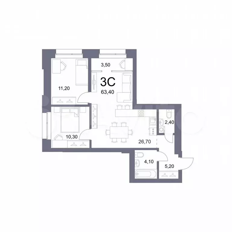 3-к. квартира, 63,4 м, 3/29 эт. - Фото 0