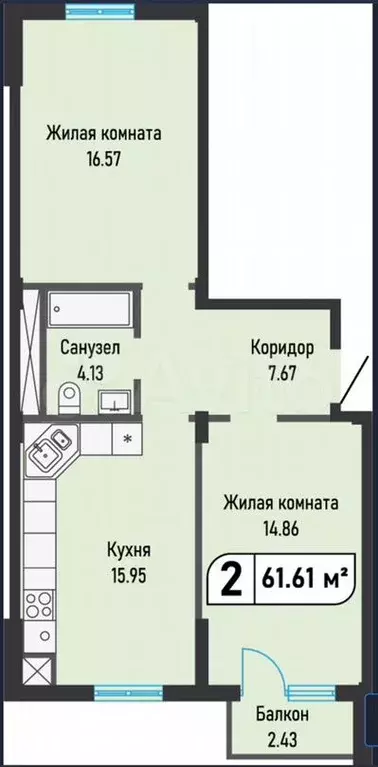 2-к. квартира, 61,6м, 1/6эт. - Фото 1