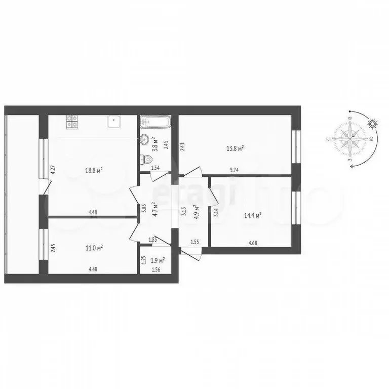 3-к. квартира, 71,4 м, 6/9 эт. - Фото 0