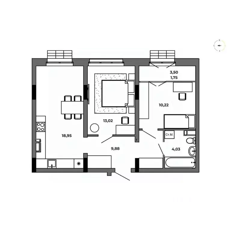 2-к кв. Омская область, Омск  (57.85 м) - Фото 0