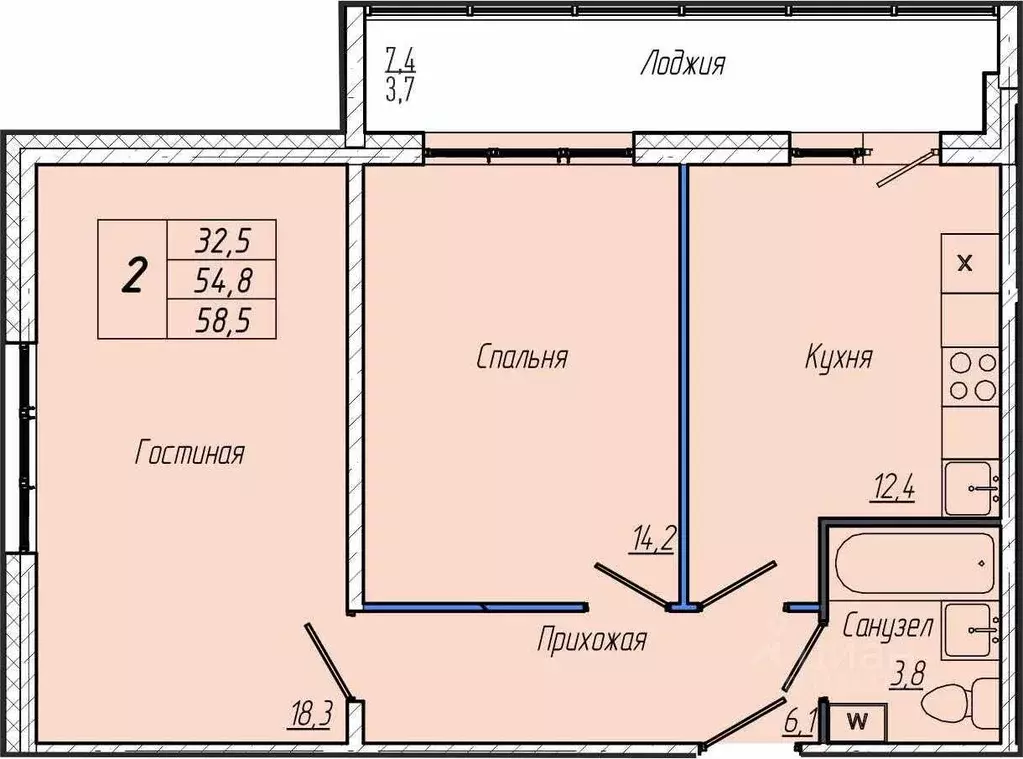 2-к кв. Кемеровская область, Кемерово просп. Притомский, 30Б (58.5 м) - Фото 1