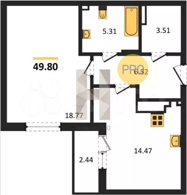 1-к. квартира, 49,8 м, 1/9 эт. - Фото 1