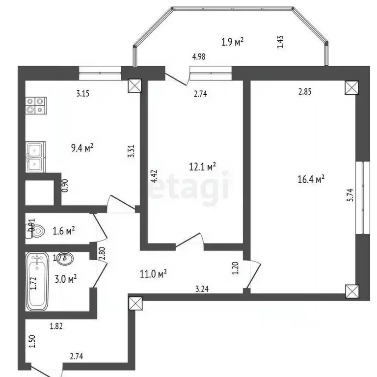 2-к кв. Омская область, Омск просп. Королева, 3к3 (53.5 м) - Фото 1