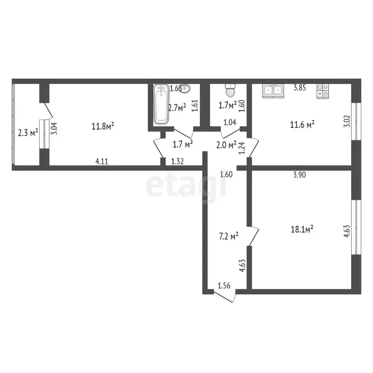 Квартира, 2 комнаты, 56.8 м - Фото 0
