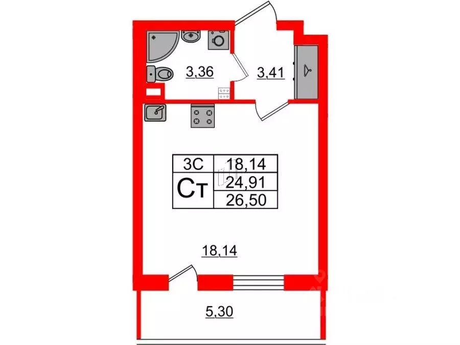 Студия Санкт-Петербург Пулковское ш., 99к4 (24.91 м) - Фото 1