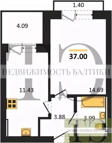 1-к кв. Калининградская область, Калининград ул. Сержанта Мишина, 81к3 ... - Фото 0