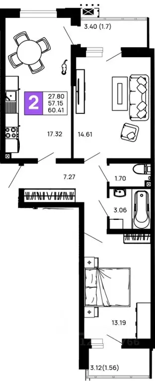 2-к кв. Адыгея, Майкоп 9 Мая ул., 14А (60.41 м) - Фото 0