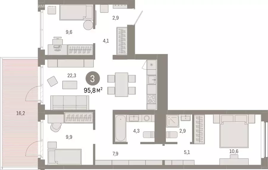 3-комнатная квартира: Новосибирск, квартал Лебедевский (95.8 м) - Фото 1