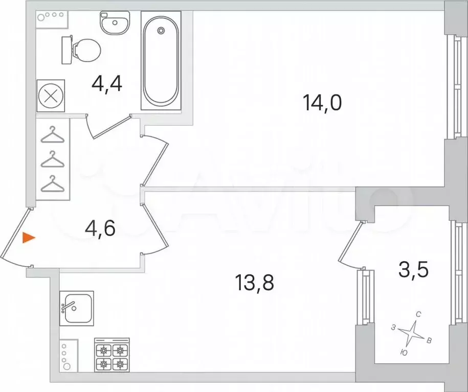 1-к. квартира, 38,6 м, 1/4 эт. - Фото 0