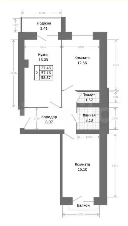 2-к. квартира, 59 м, 4/9 эт. - Фото 0