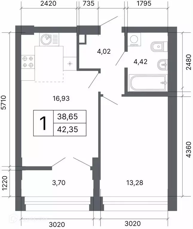 Продаётся 1-к квартира, 42.4 м - Фото 1