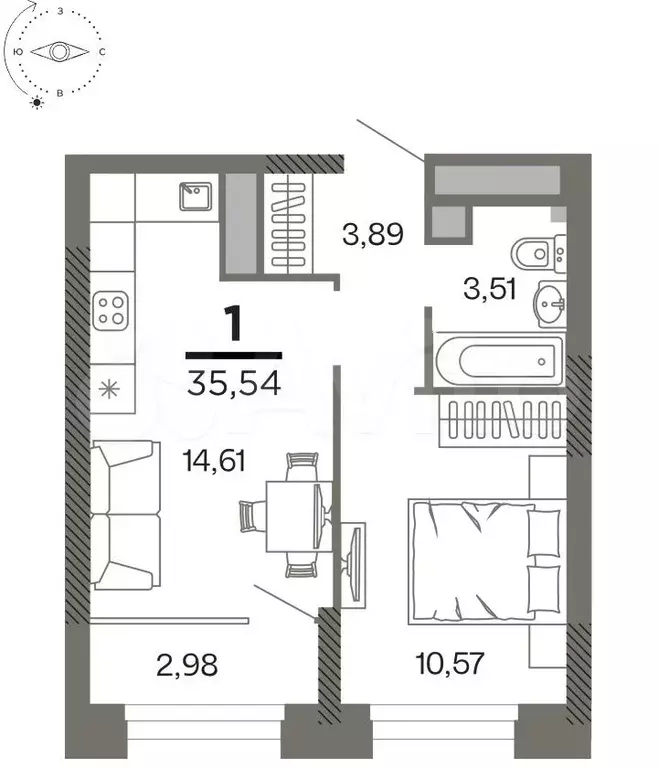 1-к. квартира, 34,1 м, 19/26 эт. - Фото 1