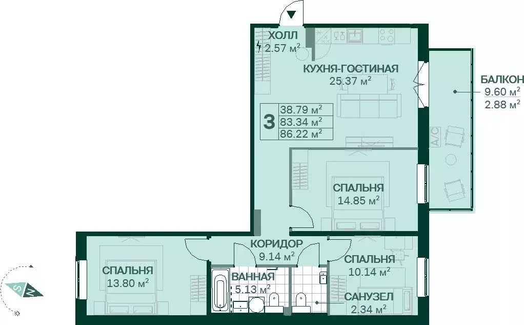 3-комнатная квартира: Санкт-Петербург, Магнитогорская улица, 5к3 (82.9 ... - Фото 0