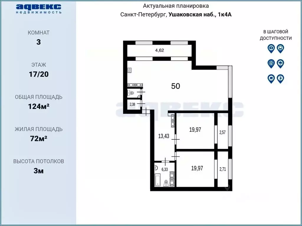 3-к кв. Санкт-Петербург Ушаковская наб., 1к4 (124.0 м) - Фото 2