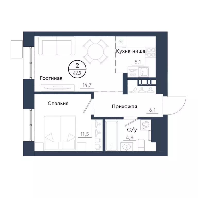 2-к кв. Красноярский край, Красноярск Чижи жилой комплекс (42.2 м) - Фото 1