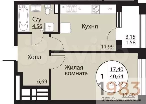 1-к. квартира, 42,2 м, 2/24 эт. - Фото 0