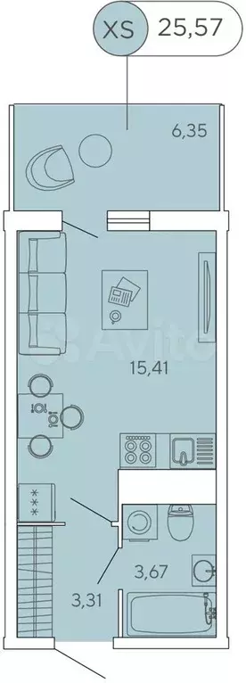 Квартира-студия, 25,6 м, 12/12 эт. - Фото 1