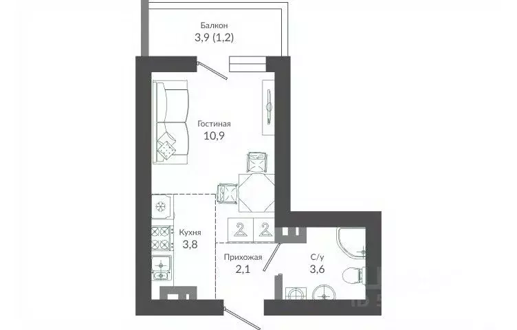 Студия Краснодарский край, Сочи ул. Искры, 66/9к7 (21.8 м) - Фото 0