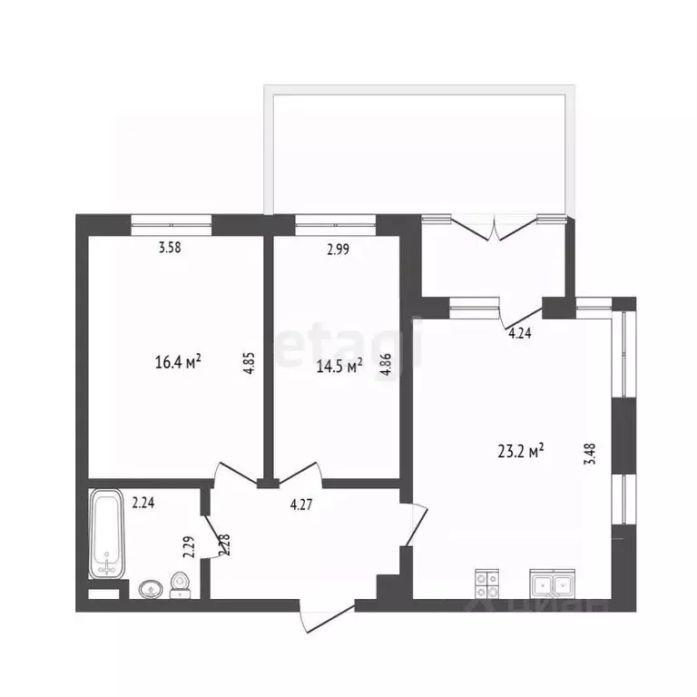 2-к кв. Тюменская область, Тюмень ул. Федюнинского, 30к6 (68.1 м) - Фото 1