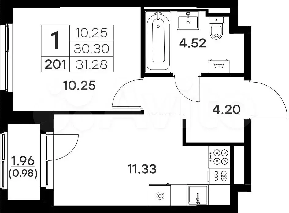 1-к. квартира, 31,3 м, 2/17 эт. - Фото 0