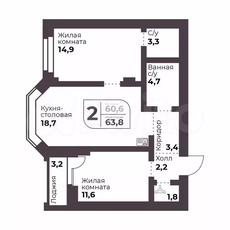 2-к. квартира, 60,6 м, 2/9 эт. - Фото 0