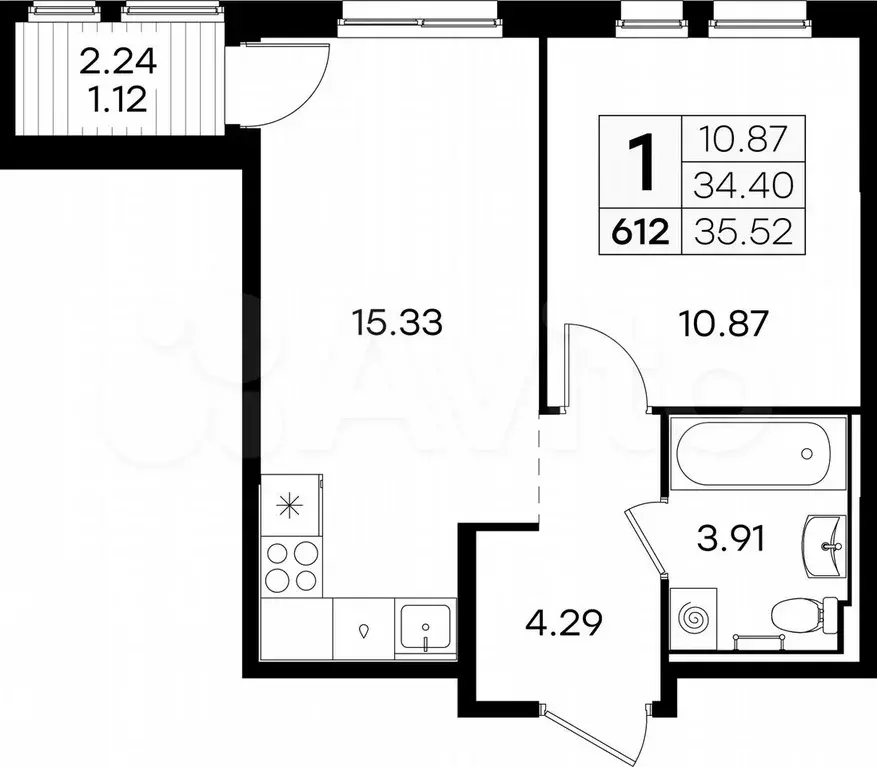 1-к. квартира, 35,5 м, 2/9 эт. - Фото 0