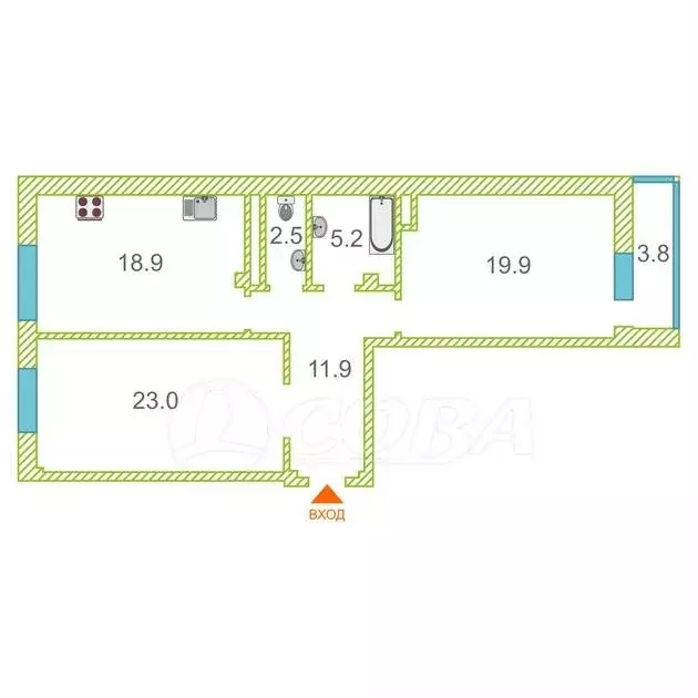 2-комнатная квартира: Тюмень, улица Малыгина, 2 (81.4 м) - Фото 1
