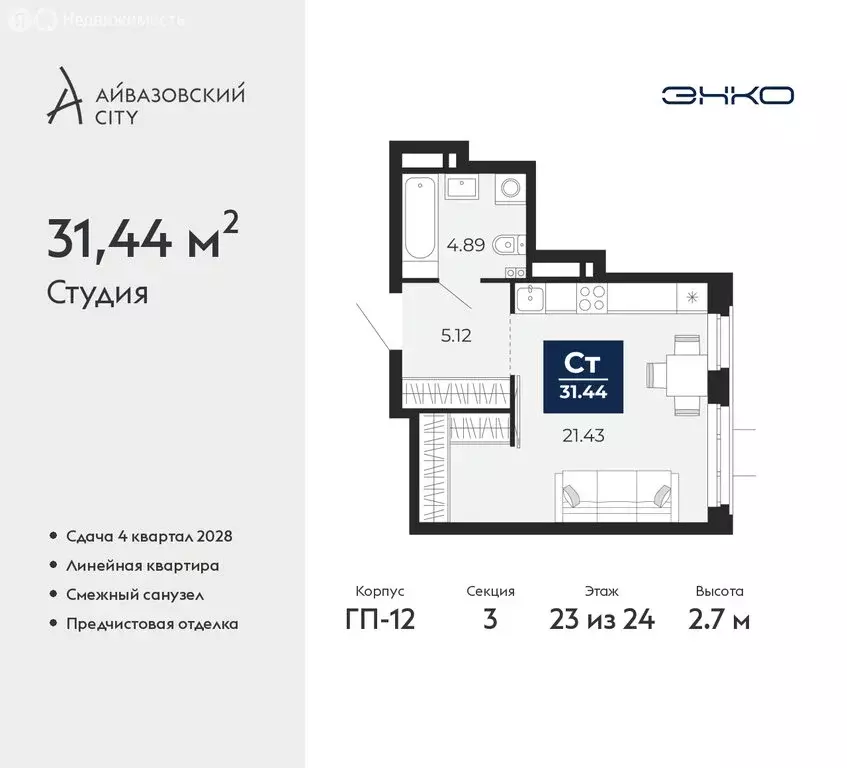 Квартира-студия: Тюмень, ЖК Айвазовский Сити (31.44 м) - Фото 1