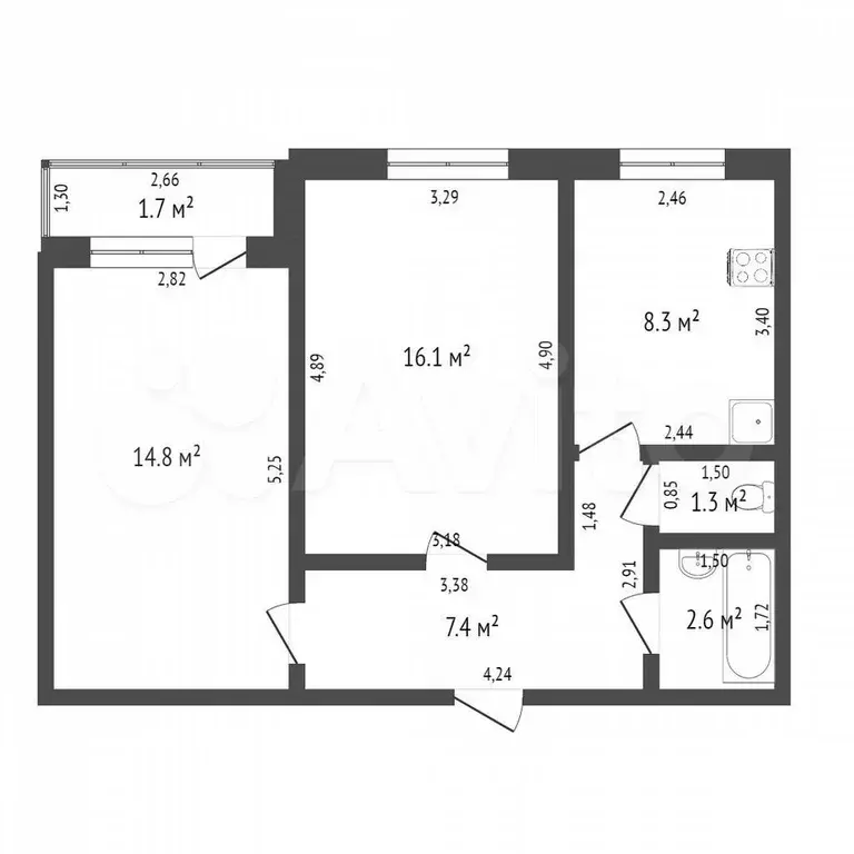 2-к. квартира, 50,3 м, 9/9 эт. - Фото 1