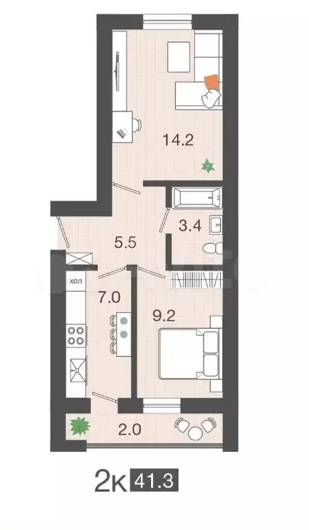 2-к. квартира, 41,3 м, 2/4 эт. - Фото 1