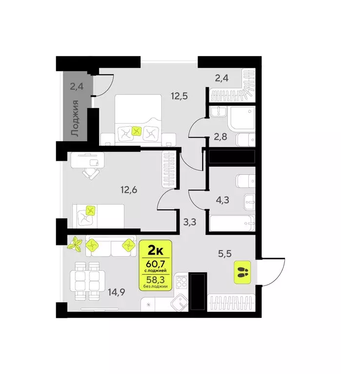 2-комнатная квартира: Тюмень, улица Первооткрывателей, 9 (60.7 м) - Фото 1