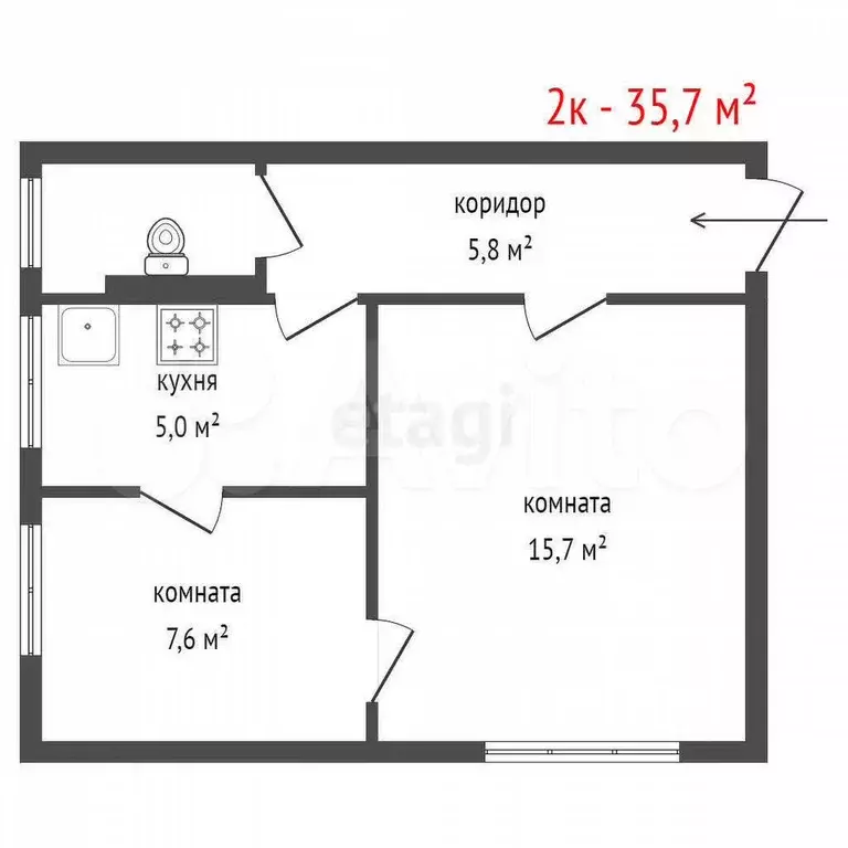 2-к. квартира, 35,7 м, 2/2 эт. - Фото 1
