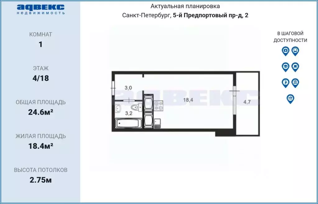 Студия Санкт-Петербург 5-й Предпортовый проезд, 2 (24.6 м) - Фото 2