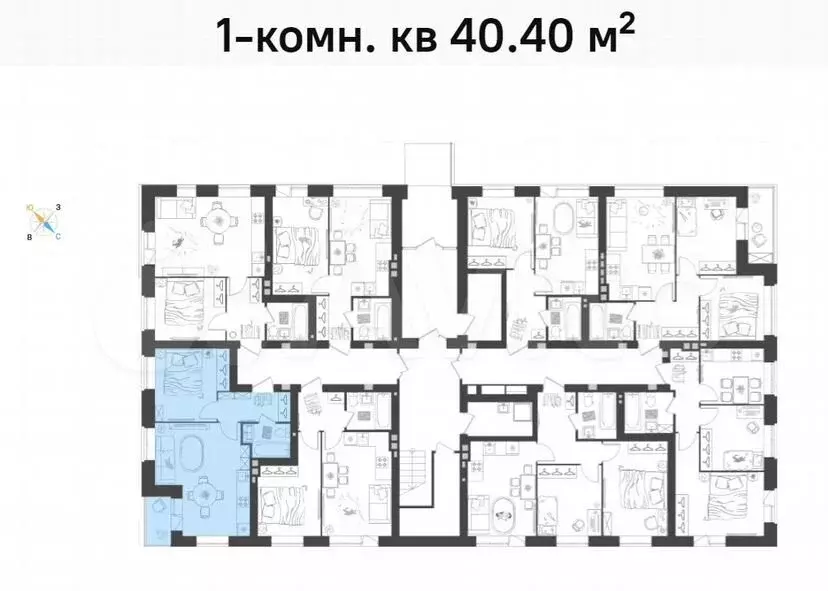 1-к. квартира, 40,4м, 1/4эт. - Фото 1