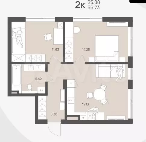 2-к. квартира, 56,7 м, 4/4 эт. - Фото 1