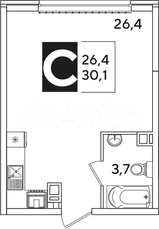 Квартира-студия, 30,1м, 8/16эт. - Фото 1