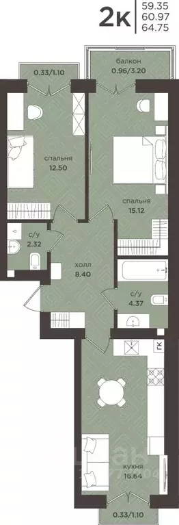 2-к кв. Калининградская область, Гурьевск  (60.97 м) - Фото 1