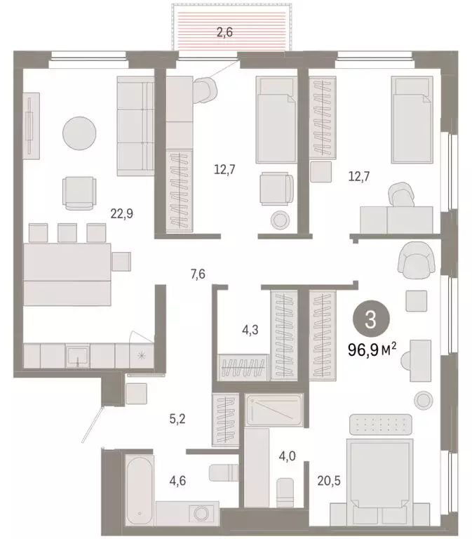 3-комнатная квартира: Тюмень, Мысовская улица, 26к2 (96.9 м) - Фото 2
