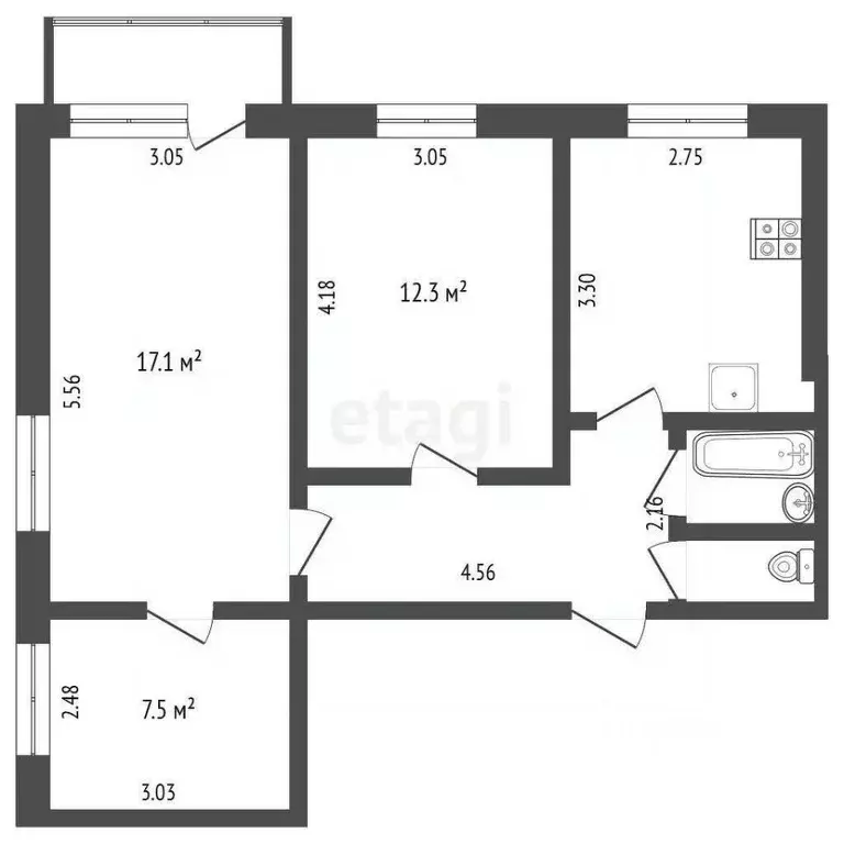 3-к кв. Кемеровская область, Новокузнецк ул. Пржевальского, 10 (56.8 ... - Фото 2