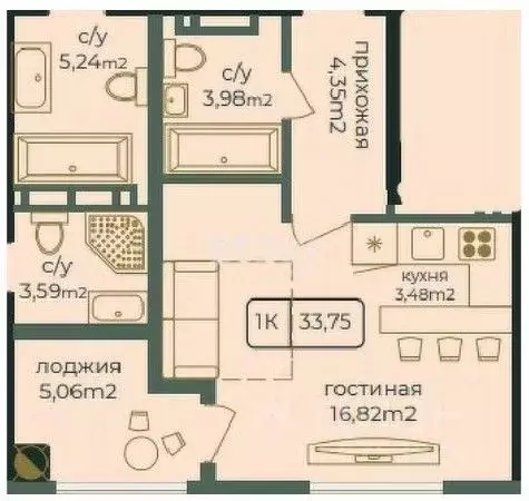 1-к кв. Дагестан, Каспийск просп. Акулиничева (33.75 м) - Фото 0