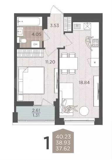1-к. квартира, 38,9 м, 8/9 эт. - Фото 1