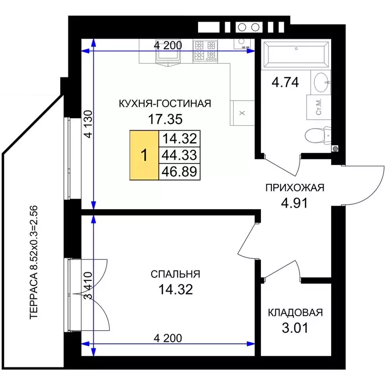 1-комнатная квартира: Гурьевск, жилой комплекс Включи (46.89 м) - Фото 0