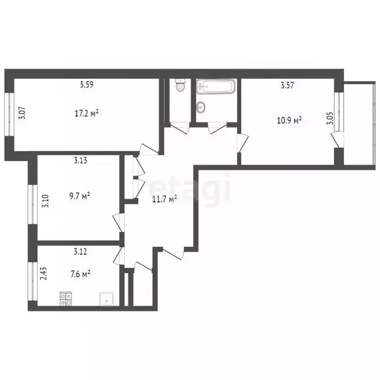 3-к кв. Псковская область, Псков ул. Гагарина, 7А (64.0 м) - Фото 2