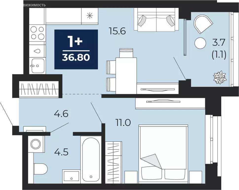 1-комнатная квартира: Тюмень, проезд Капитана Куликова, 5 (39.4 м) - Фото 1