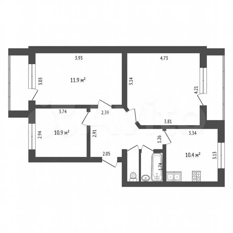 3-к. квартира, 73,5 м, 3/3 эт. - Фото 0