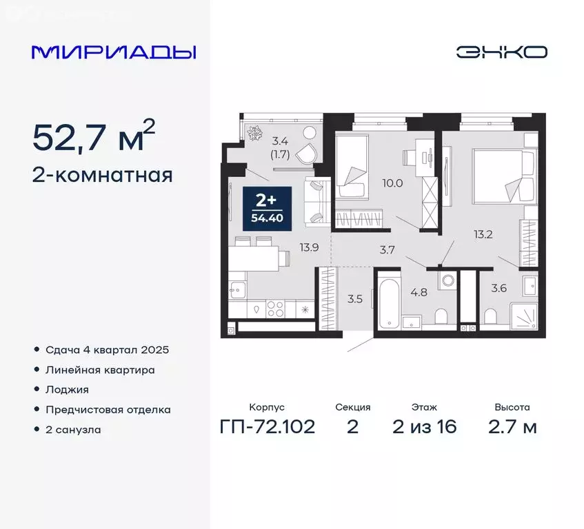 2-комнатная квартира: Тюмень, Ленинский округ (52.7 м) - Фото 0