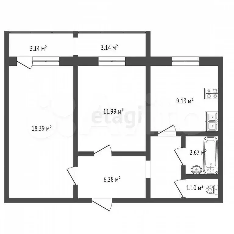 2-к. квартира, 53,5 м, 9/9 эт. - Фото 0