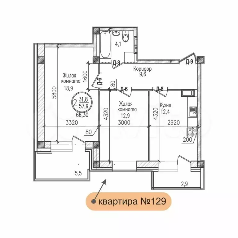 2-к. квартира, 66,3 м, 5/8 эт. - Фото 0