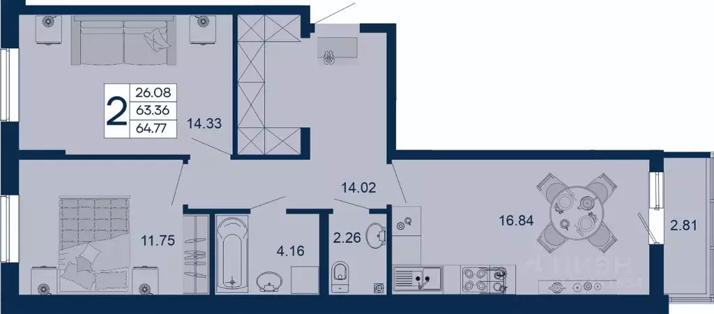 2-к кв. Краснодарский край, Краснодар  (64.77 м) - Фото 1