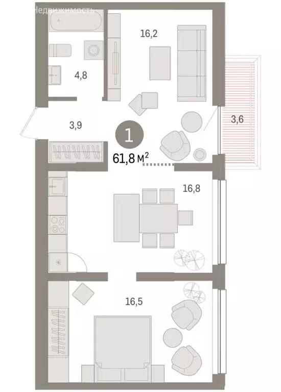 1-комнатная квартира: Тюмень, Мысовская улица, 26к1 (61.75 м) - Фото 1